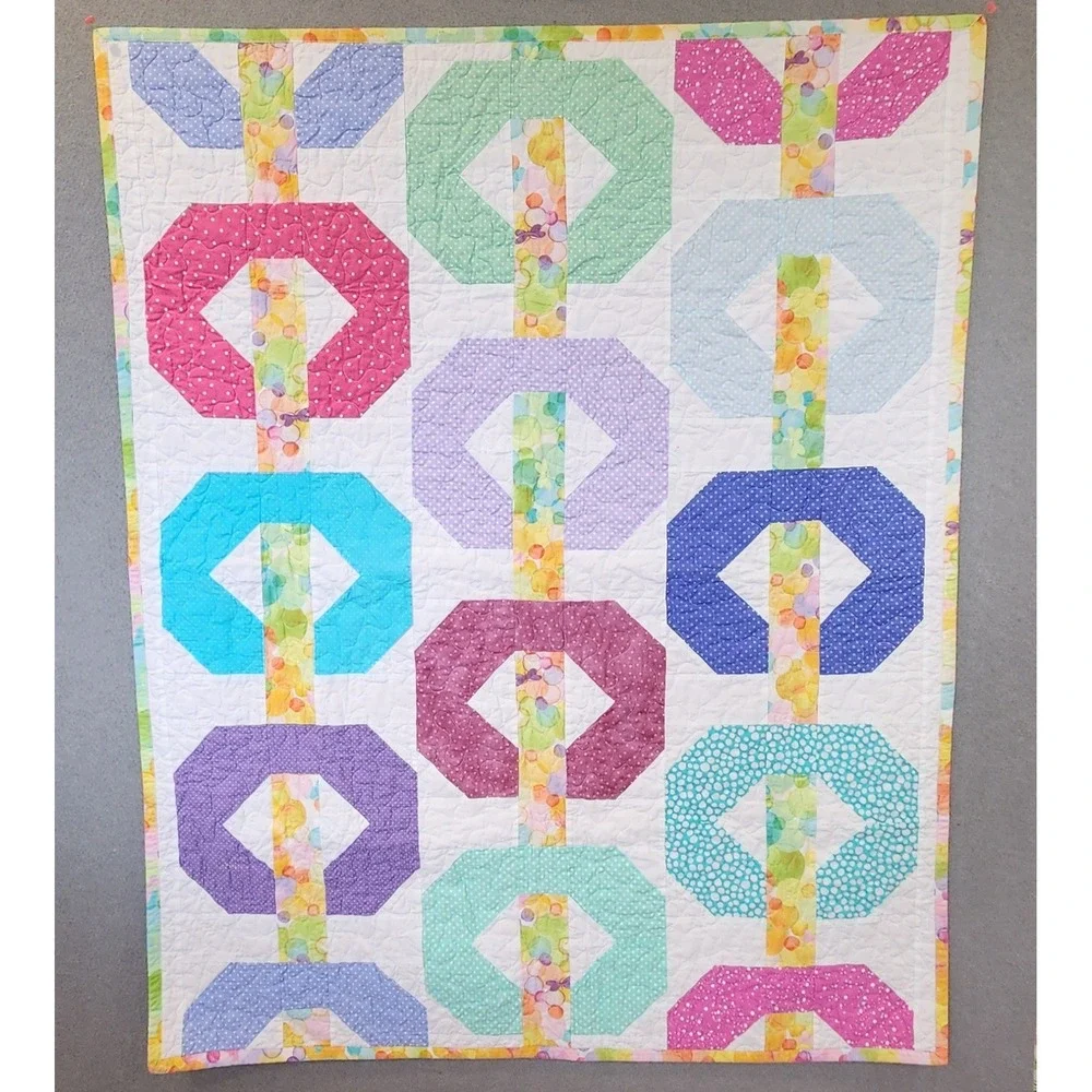 Handmade Patchwork Quilt Rainbow Polka Dot Geometric Stipple Quilted‎ 37x47